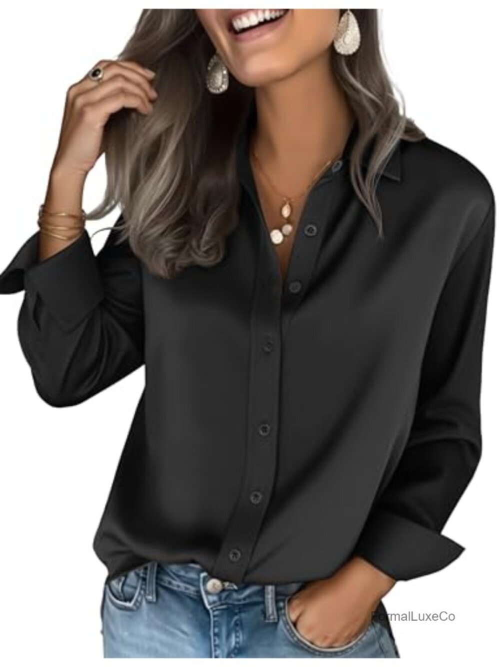 Satin Button Down Shirt Long Sleeve V-Neck Women's Blouse Silk-like